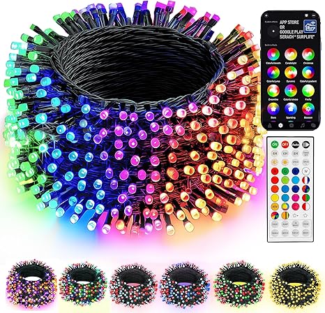 Cordão de luzes inteligentes de Natal, 2,5 m, 300 LEDs RGB que mudam de cor com controle remoto e por aplicativo, decorações de Natal para decoração de festa de árvore de Natal