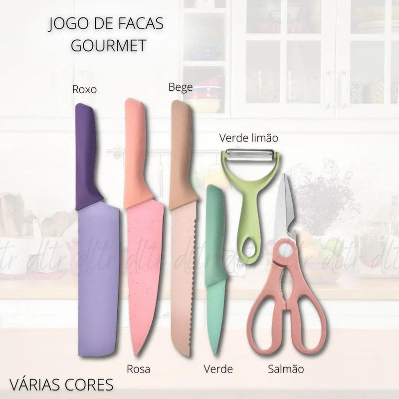 Kit de 6 Facas Profissionais Coloridas em Aço Inoxidável - Ideal para Churrasco e Cozinha