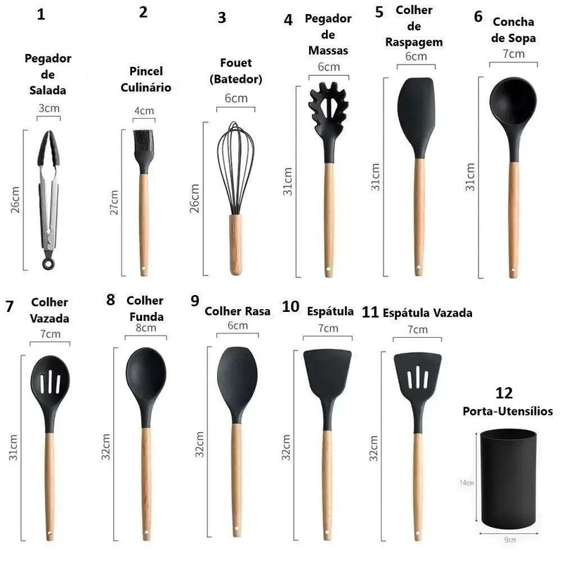 Kit de Utensílios de Cozinha com 12 Peças em Silicone - Design Prático e Moderno