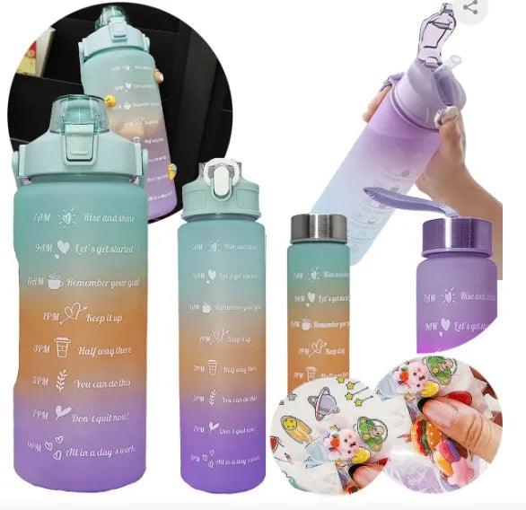 Kit 3 Garrafas Squeeze com Adesivos Motivacionais 2D/3D - 2L, 900ml e 300ml