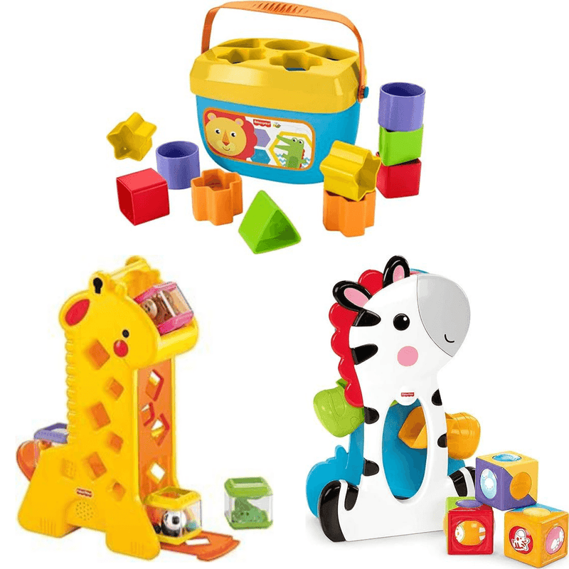 Girafa com Blocos Pick-A-Blocks Fisher-Price + Zebra Blocos Surpresa  Fisher Price + Balde Primeiros Blocos Fisher-Price