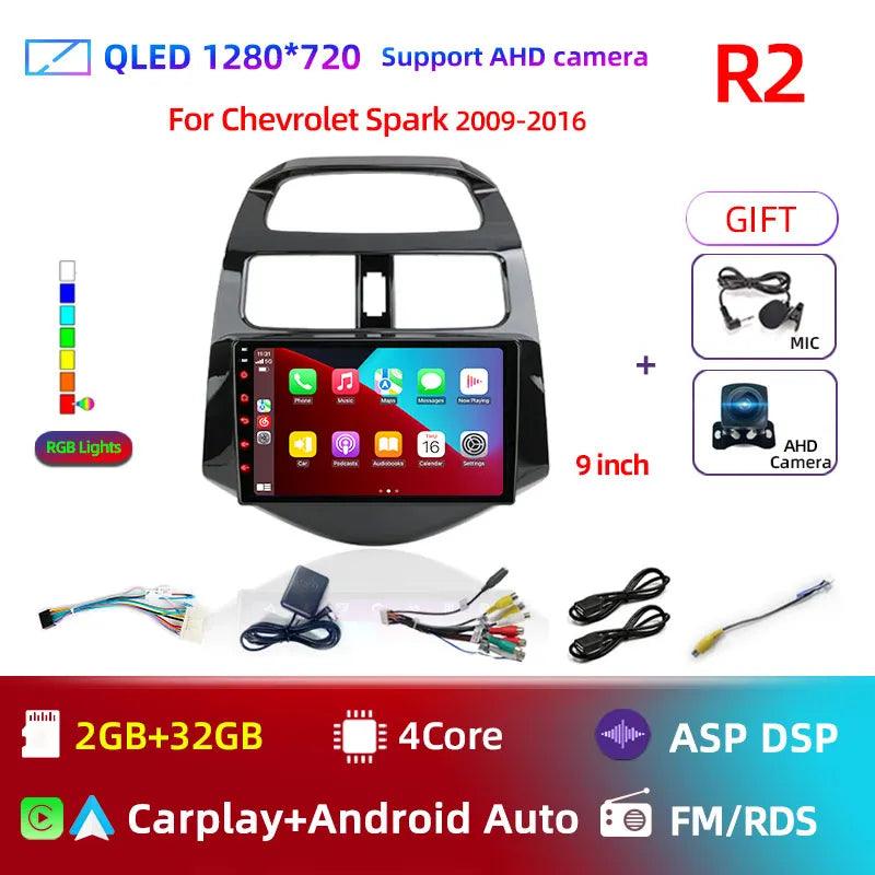 Rádio Multimídia Android 12 2 Din com Tela de 9" para Chevrolet Spark, Beat e Matiz (2010-2014) - GPS, CarPlay e 4G