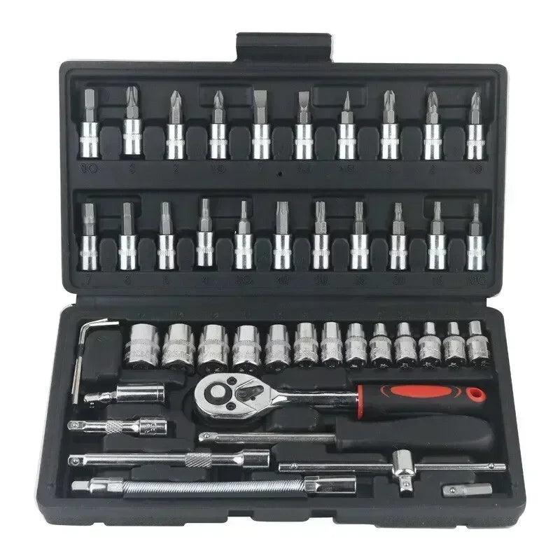 Kit de Ferramentas para Reparo de Carros - 46 Peças com Chave de Catraca, Soquetes e Acessórios