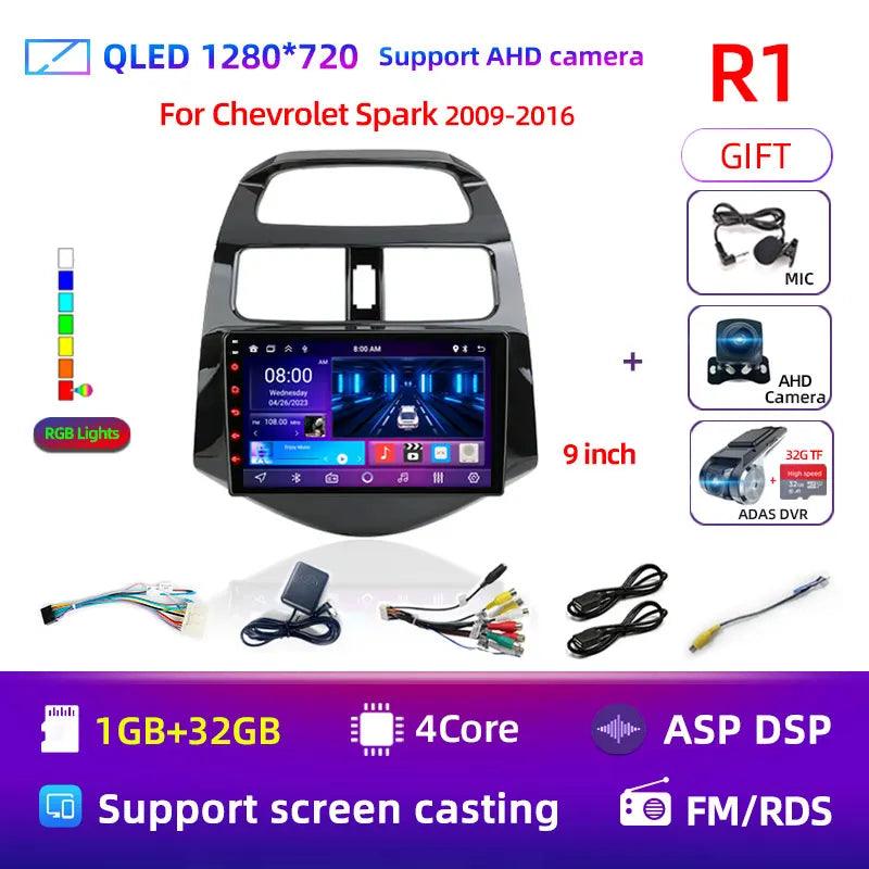 Rádio Multimídia Android 12 2 Din com Tela de 9" para Chevrolet Spark, Beat e Matiz (2010-2014) - GPS, CarPlay e 4G