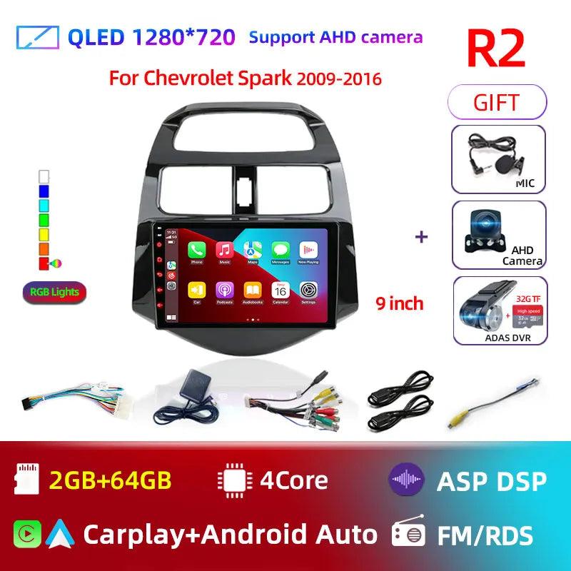 Rádio Multimídia Android 12 2 Din com Tela de 9" para Chevrolet Spark, Beat e Matiz (2010-2014) - GPS, CarPlay e 4G