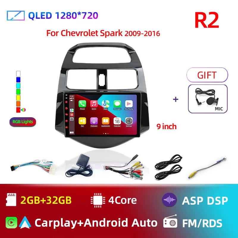 Rádio Multimídia Android 12 2 Din com Tela de 9" para Chevrolet Spark, Beat e Matiz (2010-2014) - GPS, CarPlay e 4G